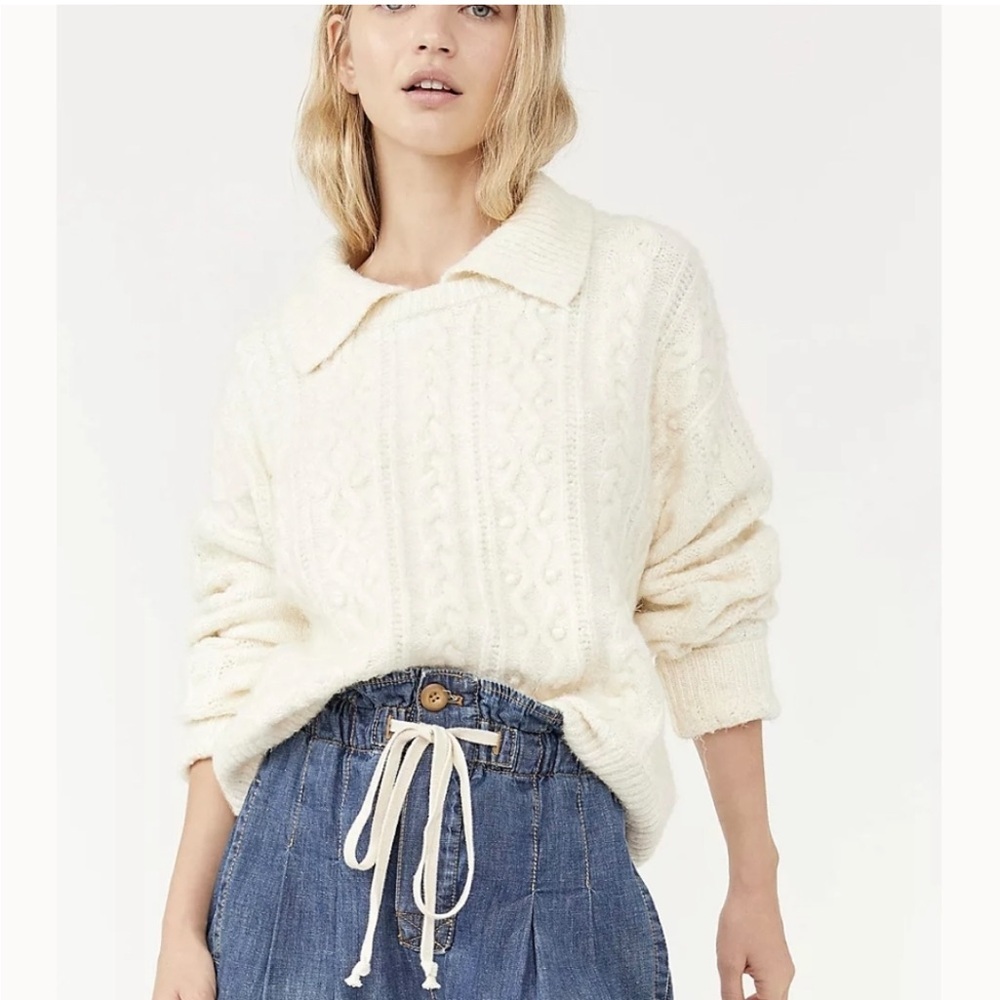 Free People Every Cloud Soft Knit Collared Cable Knit Pullover Sweater Small